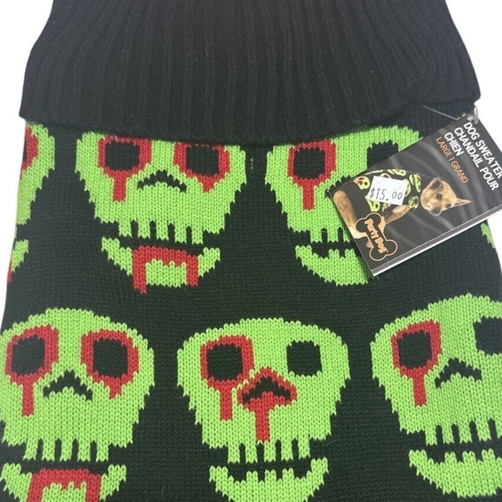 Party Dog Neon Green Skull Halloween Pet Sweater Black Large Vampire Skulls